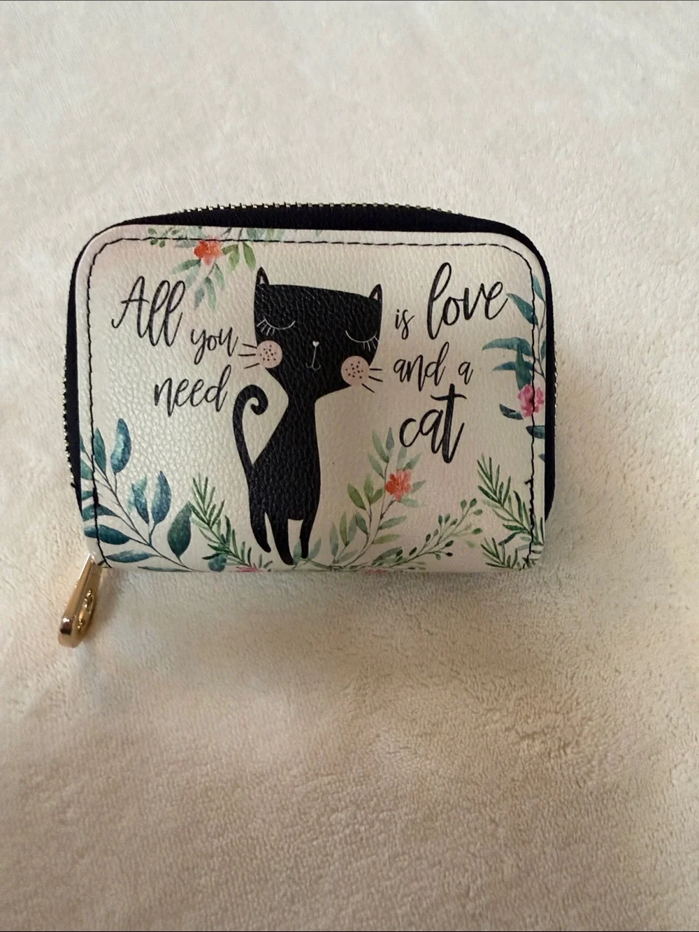 Cat Design Zipper Wallet - Beige with Black Cat